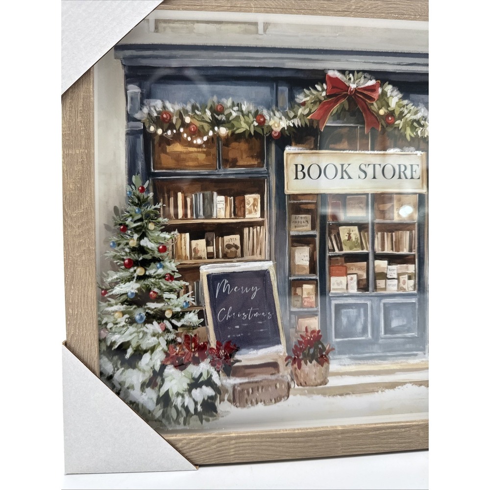 Hobby Lobby Winter Bookstore Framed Wall Decor Christmas Village NEW - Picture 3 of 6